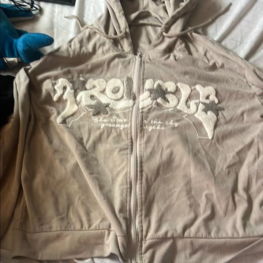 Beige Zip-Up Hoodie with Embroidered Design